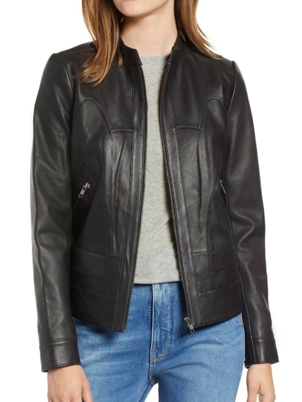 $330 CHELSEA28 GENUINE Leather MOTO Jacket SLEEK CURVY BACK BLACK SIZE S